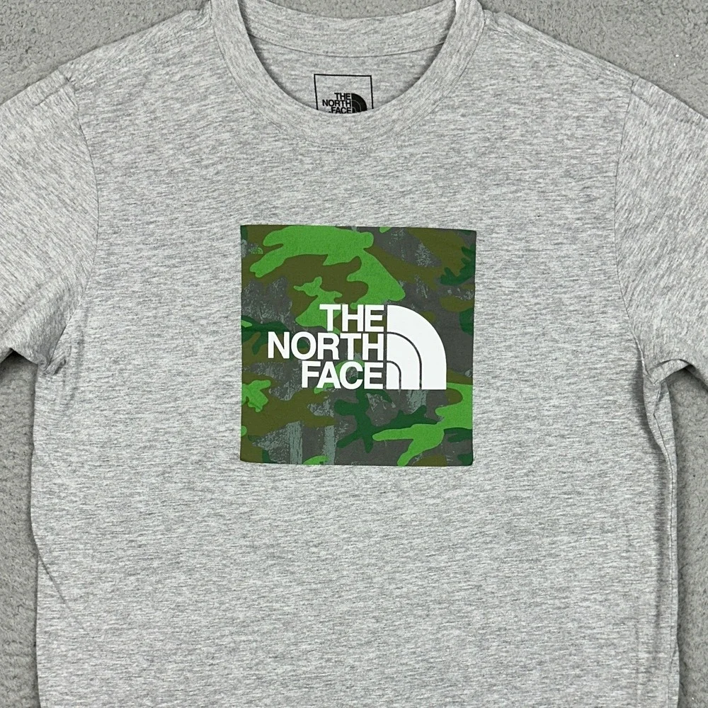 The North Face T Shirt Mens M Box Logo Camo Grey Graphic Tee Short Sleeve EUC